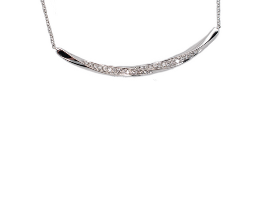 9ct white gold spiral curved diamond set bar with fine trace link chain necklace.