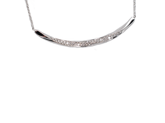 9ct white gold spiral curved diamond set bar with fine trace link chain necklace. Henry D Johnstone Jewellers, Alderley Edge, Poynton, Cheshire.