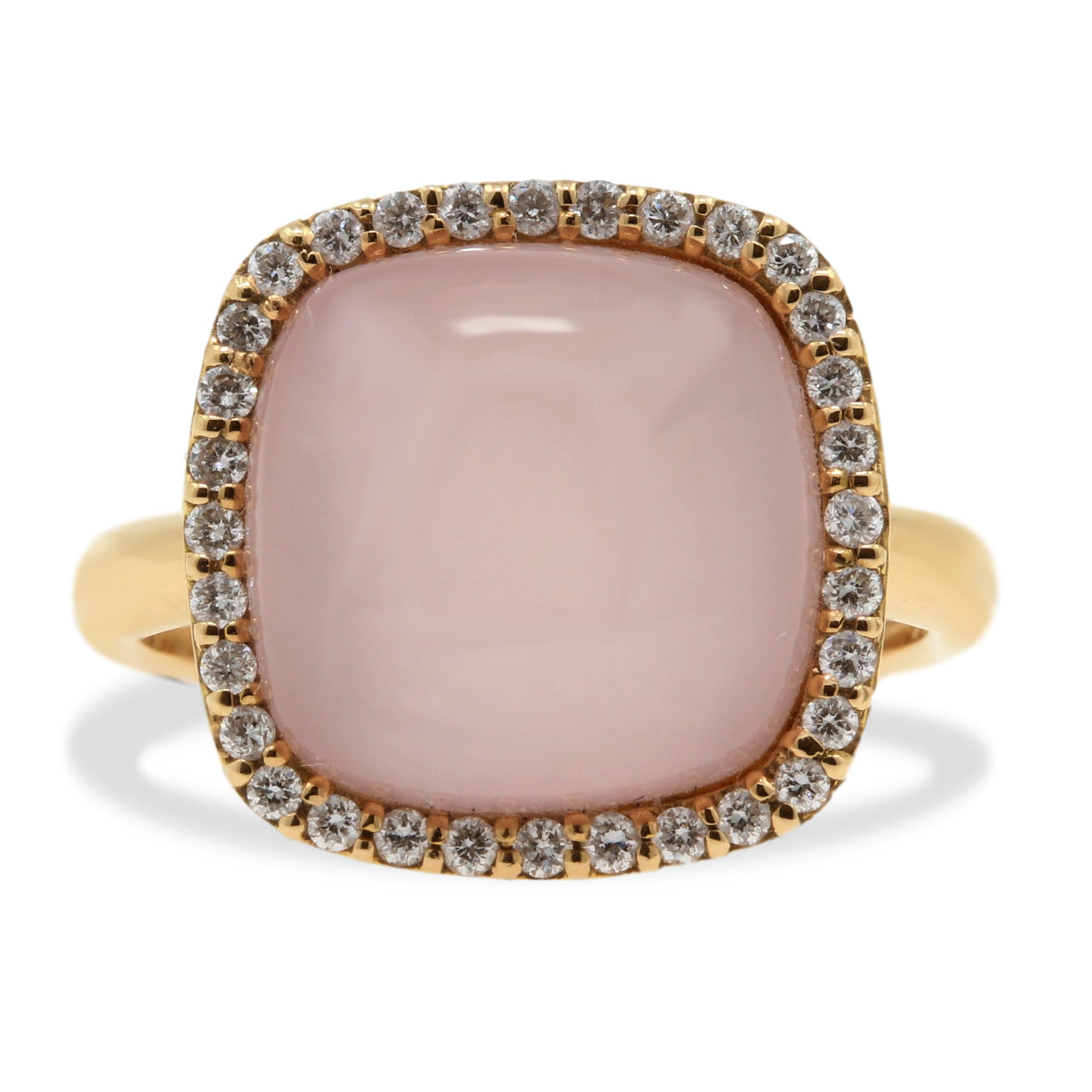 Roberto Coin 18ct Rose Gold Rose Quartz Cushion Cut Ring with Diamond Surround