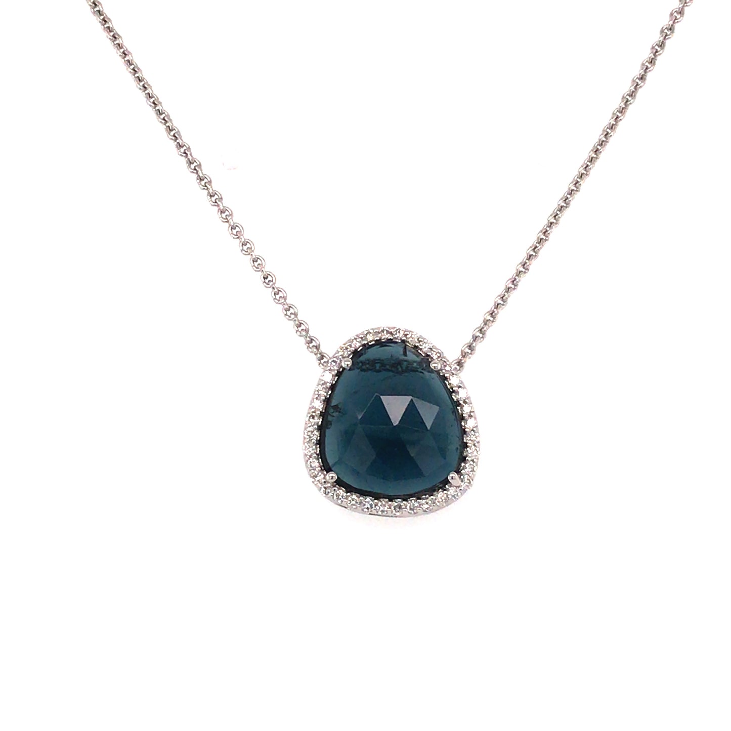 18ct white gold rose-cut teal tourmaline pendant with fine diamond surround.