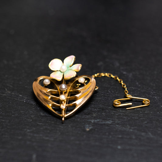 Art Nouveau 9ct Gold Split Pearl & Polychrome Enamel Flower Brooch