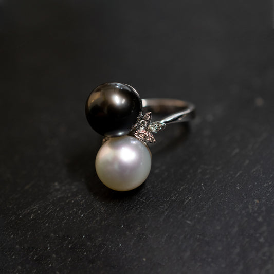 Pre-Owned: Precious white metal south sea pearl and diamond floral dress ring - 0.15ct.