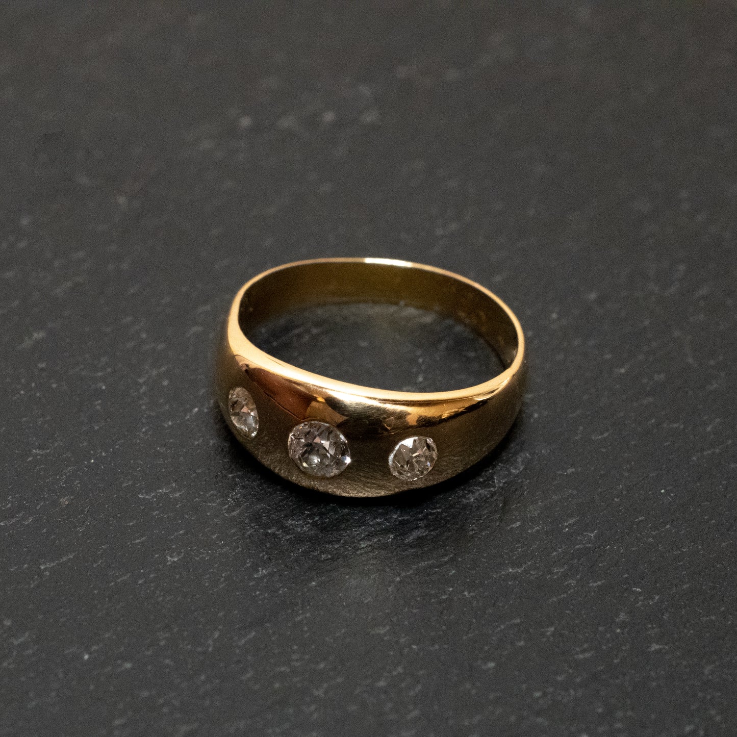 Precious Yellow Metal Old European Cut Diamond Three Stone Domed Dress Ring