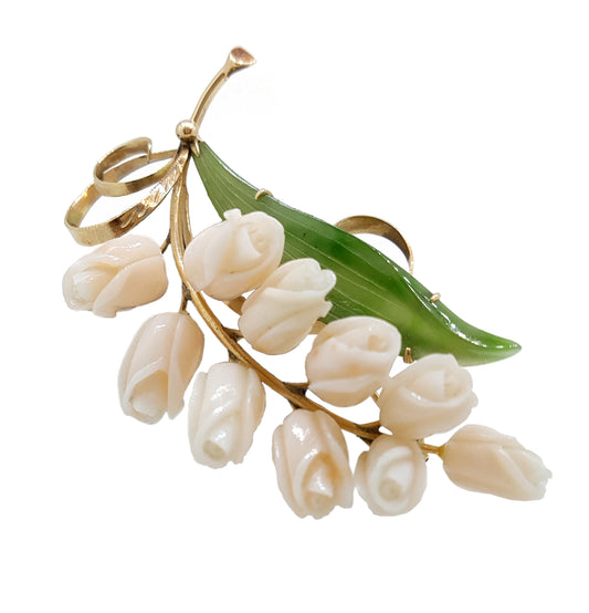 Precious Yellow Metal Coral & Nephrite Jade Foliate Brooch.