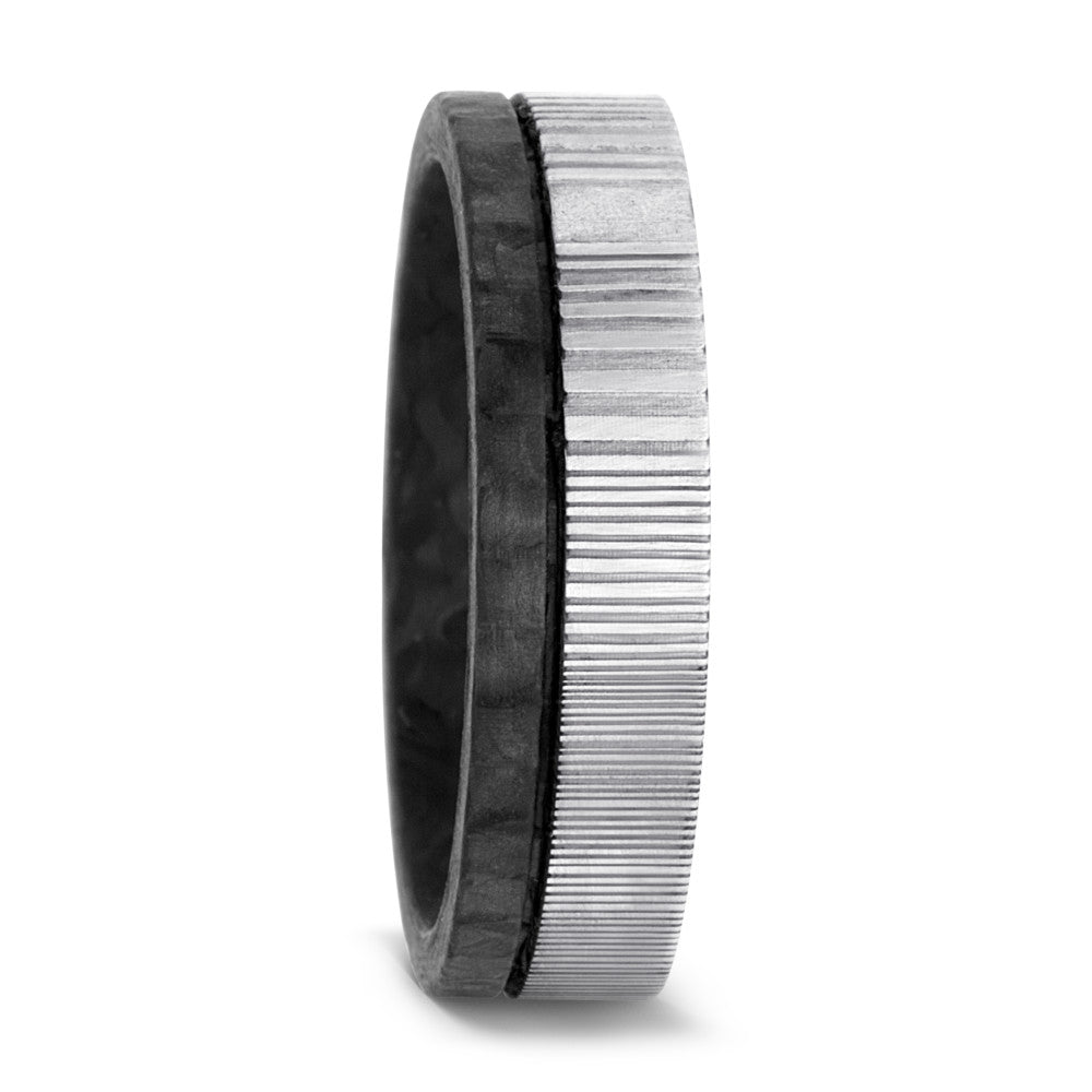 Modern and timeless band with carbon fibre and Damascus Steel. Henry D Johnstone Jewellers, Alderley Edge, Poynton, Cheshire.
