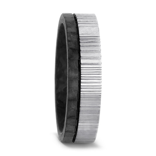 Modern and timeless  band with carbon fibre and Damascus Steel. Henry D Johnstone Jewellers, Alderley Edge, Poynton, Cheshire.