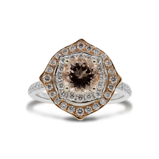 18ct White & Rose Gold Morganite & Diamond Double Cushion Halo Design Ring.