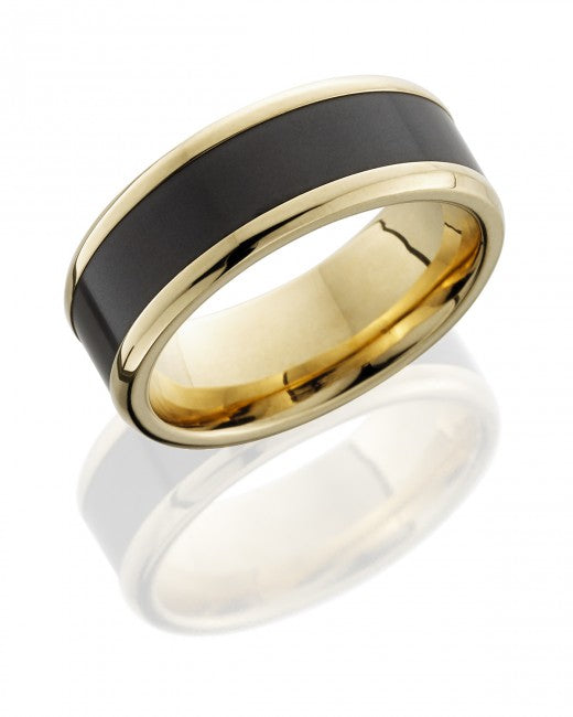 Polished black diamond yellow gold ring. Henry D Johnstone. Alderley Edge, Poynton, Cheshire.