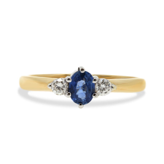 18ct Yellow & White Gold Oval Sapphire & Brilliant Cut Diamond Three Stone Ring.