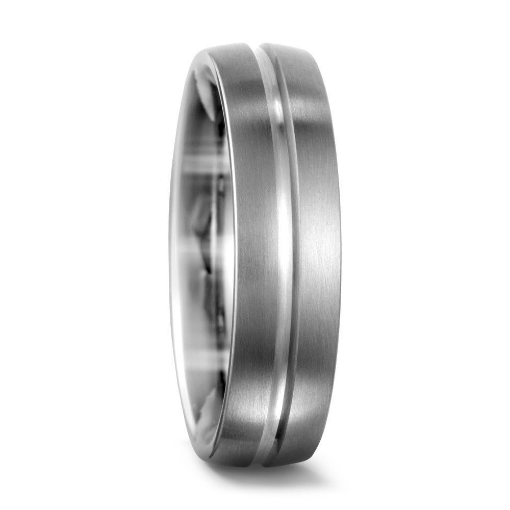 Modern titanium wedding band with polished central groove. Henry D Johnstone Jewellers. Alderley Edge, Poynton, Cheshire.