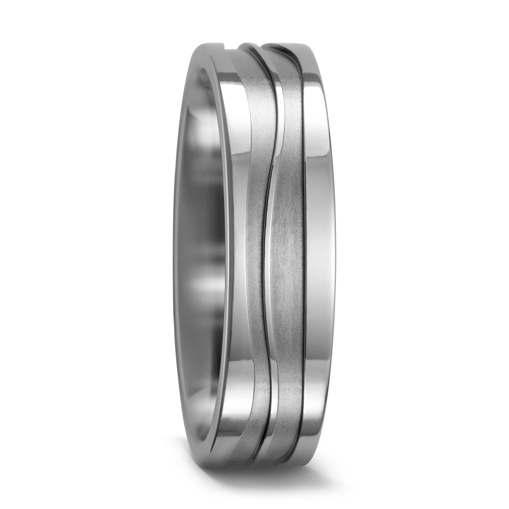 Titanium flat edged wedding band with wavy recessed centre. Henry D Johnstone Jewellers, Alderley Edge, Poynton, Cheshire.