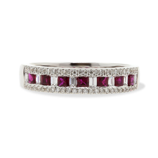 18ct White Gold Ruby & Diamond Half Eternity Ring.