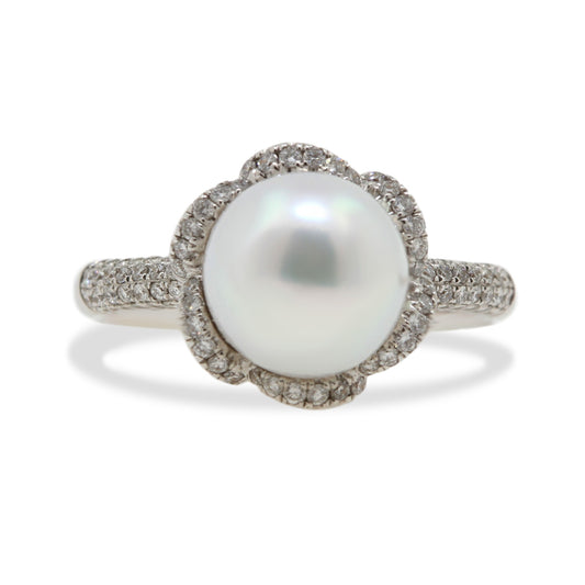 Exquisite floral pearl ring with diamond shoulders