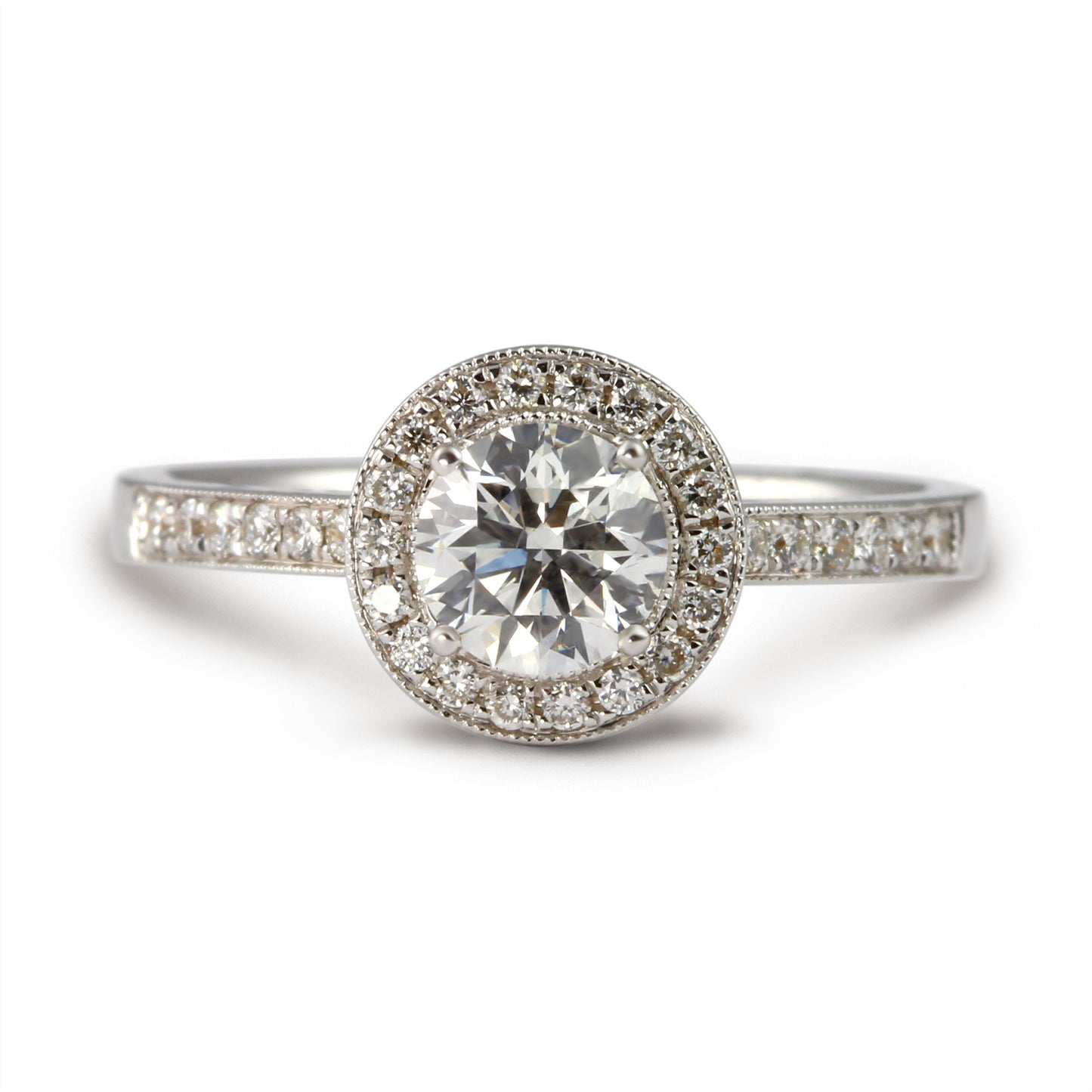 18ct White Gold Brilliant Cut Diamond Halo Ring.