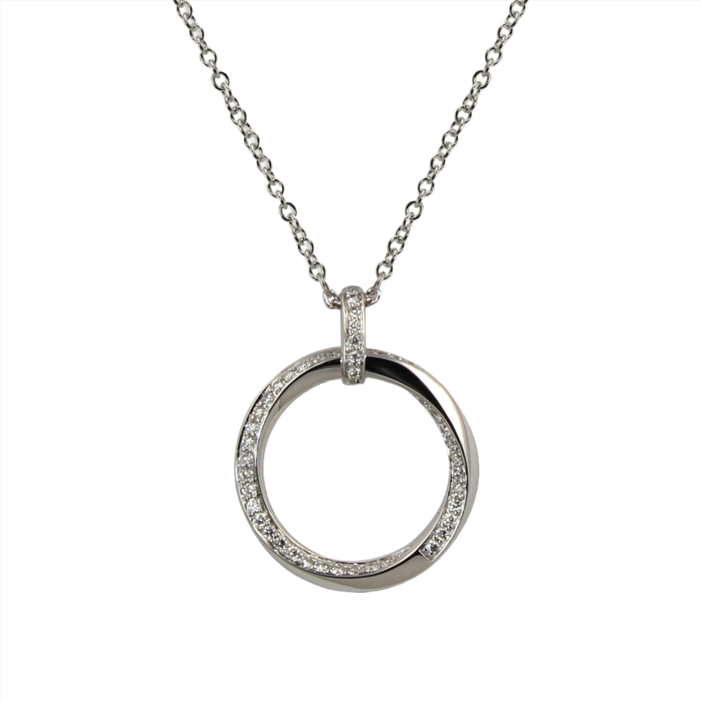 14ct white gold brilliant cut diamond twist design open circle pendant.