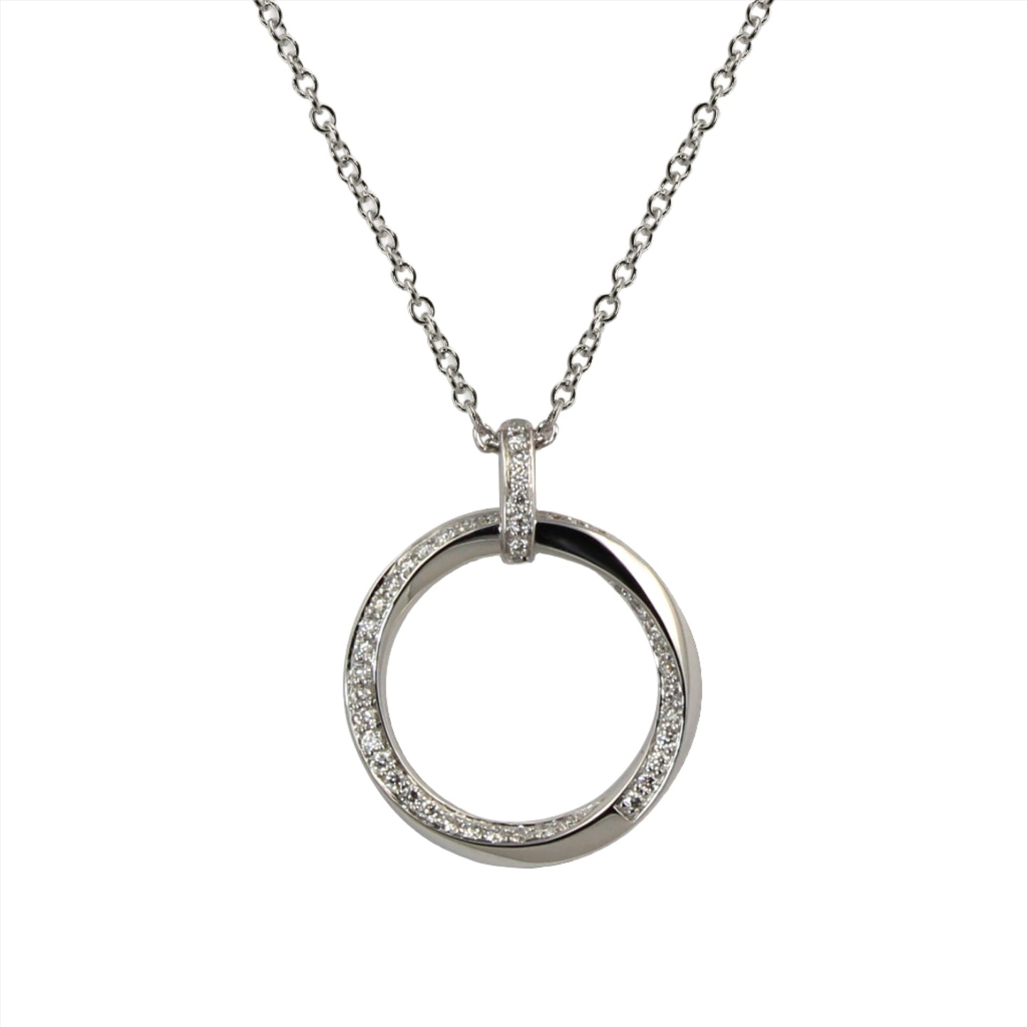 14ct white gold brilliant cut diamond twist design open circle pendant. Henry D Johnstone Jewellers, Alderley Edge, Poynton, Cheshire.