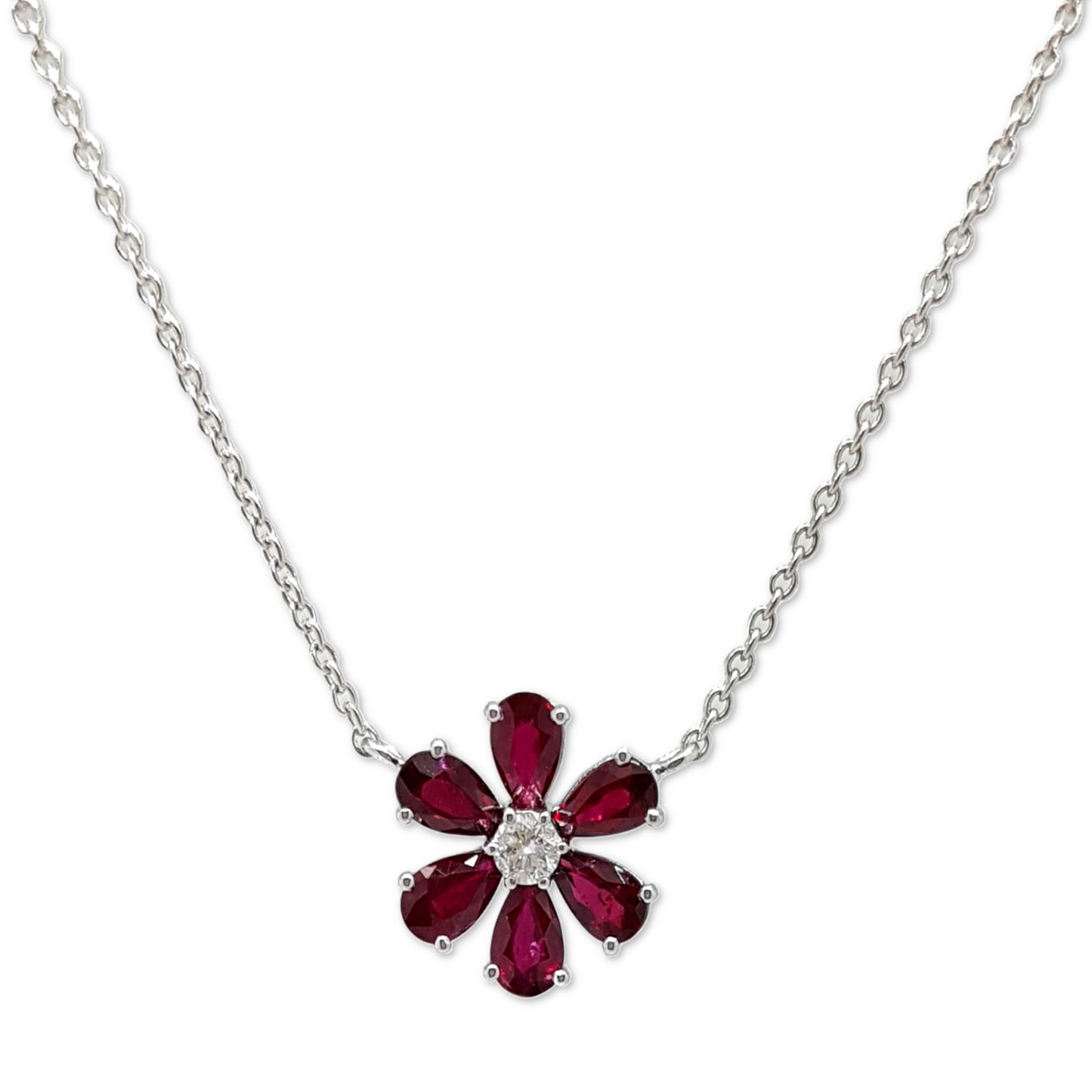 18ct White Gold Ruby and Diamond Daisy Necklace. Henry D Johnstone Jewellers, Alderley Edge, Poynton, Cheshire.