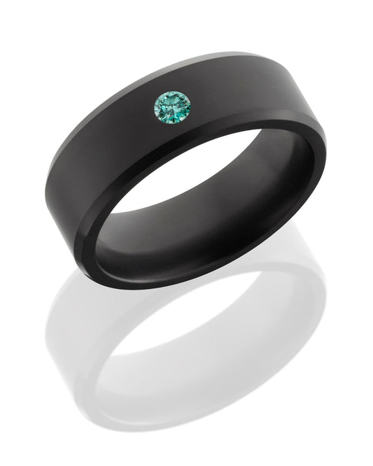 Timeless Bevelled Black Diamond Band with Blue Diamond. Henry D Johnstone Jewellers. Alderley Edge, Poynton, Cheshire.