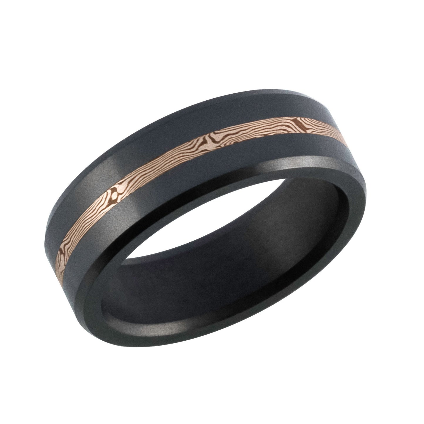 Black diamond and 14K rose gold band with Mokume-Gane inlay