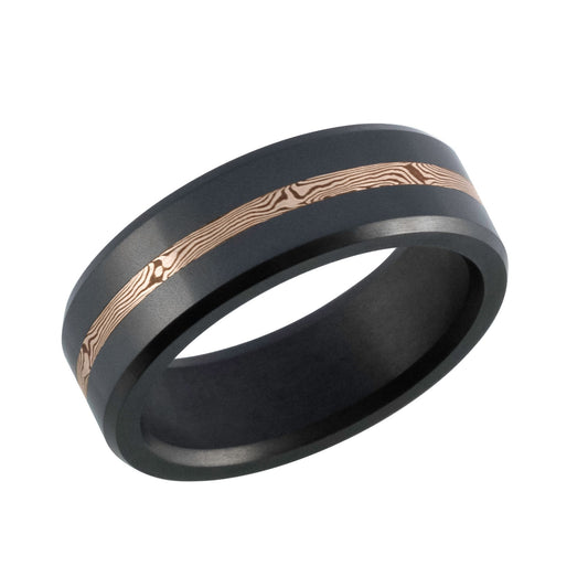 Black diamond and 14K rose gold band with Mokume-Gane inlay. Henry D Johnstone Jewellers. Alderley Edge, Poynton, Cheshire.