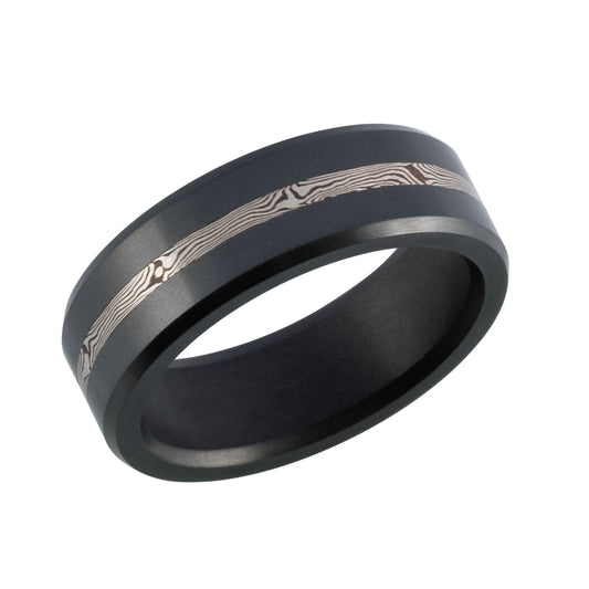 Black diamond and 14K white gold band with Mokume-Gane inlay. Alderley Edge, Poynton, Cheshire.