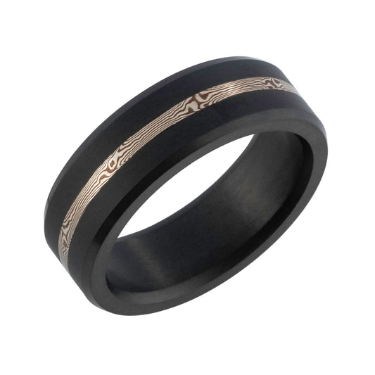 Black diamond and 14K yellow gold band with Mokume-Gane inlay. Henry D Johnstone Jewellers, Alderley Edge, Poynton, Cheshire.