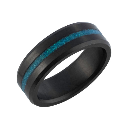 8.0mm flat bevelled edged ring with blue opal inlay. Henry D Johnstone Jewellers. Alderley Edge, Poynton, Cheshire.