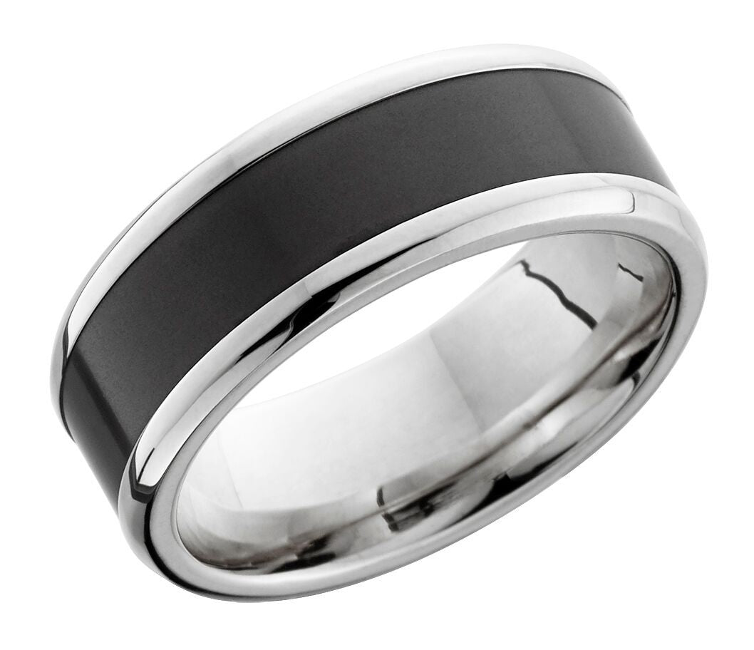 Men's black diamond reverse inlay and 18k white gold wedding band