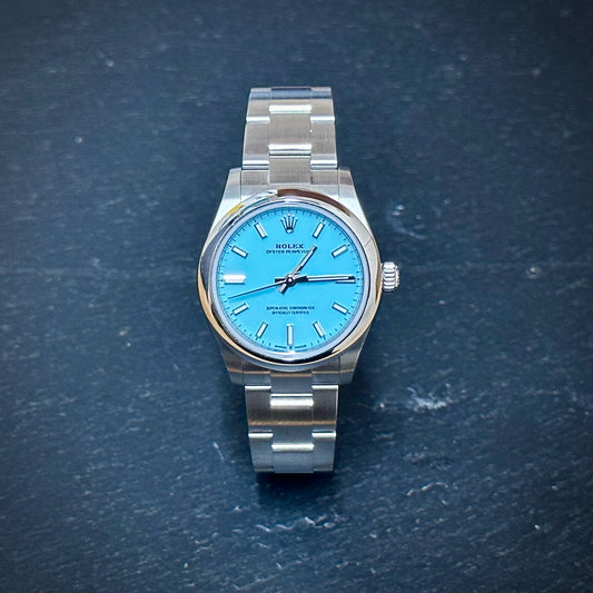 Pre-Owned: Unworn stainless steel Rolex 31mm 277200 'Tiffany' bracelet watch.