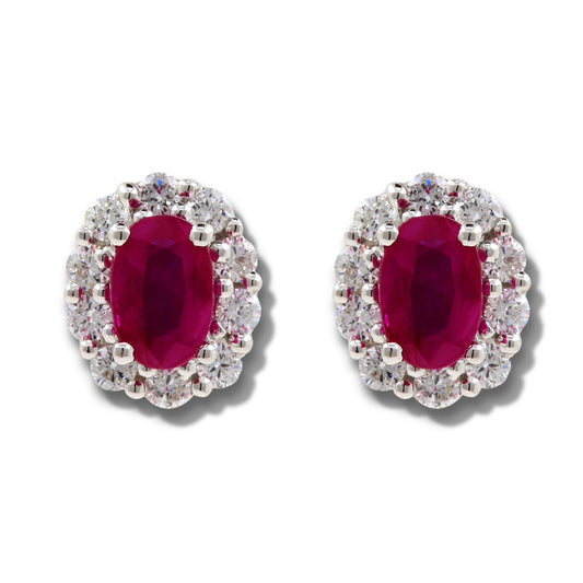 Oval Ruby & Diamond Cluster Stud Earrings.