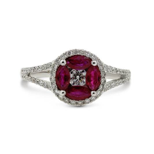 18ct white gold ruby & diamond cluster ring.