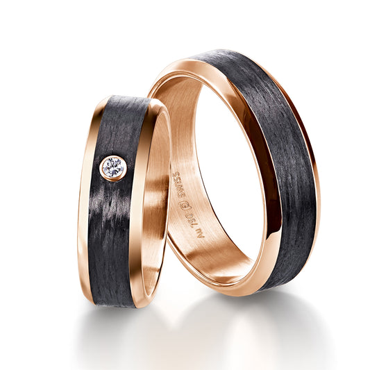 Furrer Jacot 18ct rose gold & carbon fiber 6.0mm wedding band with chamfered edges, 0.02ct F-G VS - Polish finish. Ref: 71-84280-0-0.