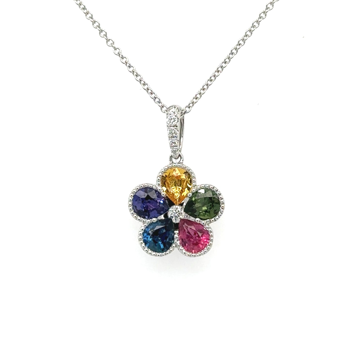 18ct white gold fancy sapphire and diamond 'flower' cluster drop pendant on chain - S1.71/D0.09ct