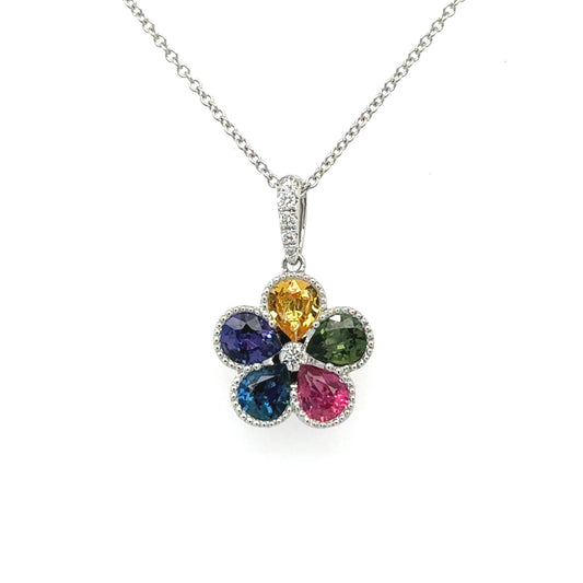 18ct white gold fancy sapphire and diamond 'flower' cluster drop pendant on chain - S1.71/D0.09ct