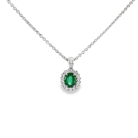 14ct White Gold Emerald & Diamond Halo Pendant. E:0.38ct D0.11ct