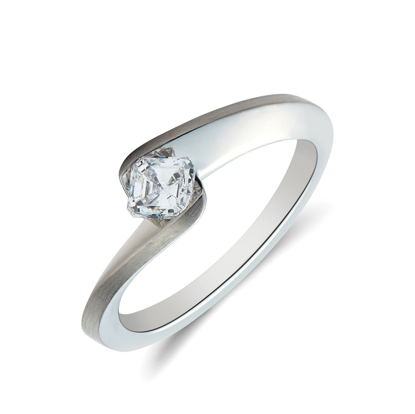 18ct white gold Ascher cut diamond crossover solitaire ring.