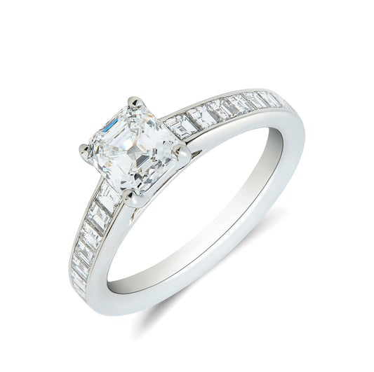Platinum & Ascher cut diamond solitaire ring with carre cut diamond inset shoulders - 1.76ct.