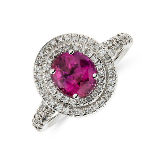 Double Halo Diamond Pink Sapphire Ring