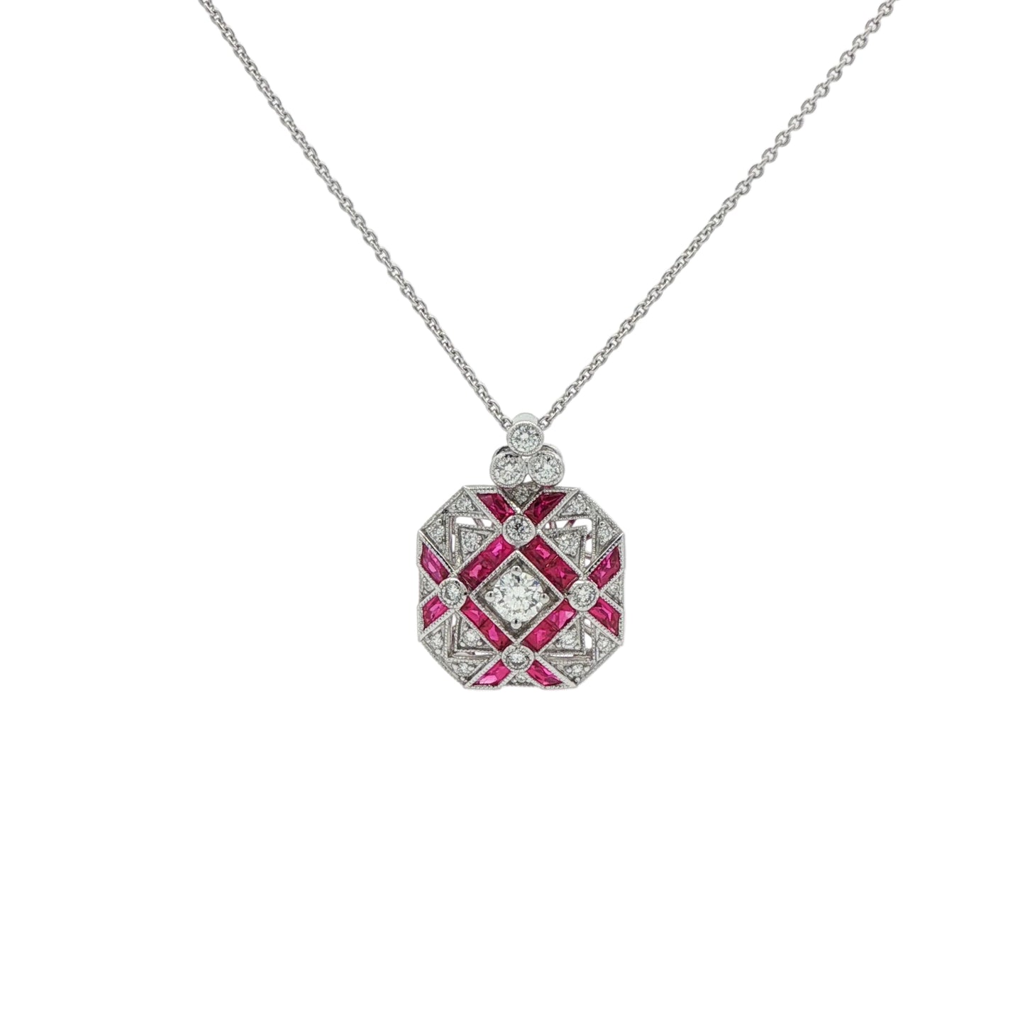 18ct White Gold Ruby & Diamond Art Deco Style Octagonal Pendant - R:1.95ct / D:0.47ct
