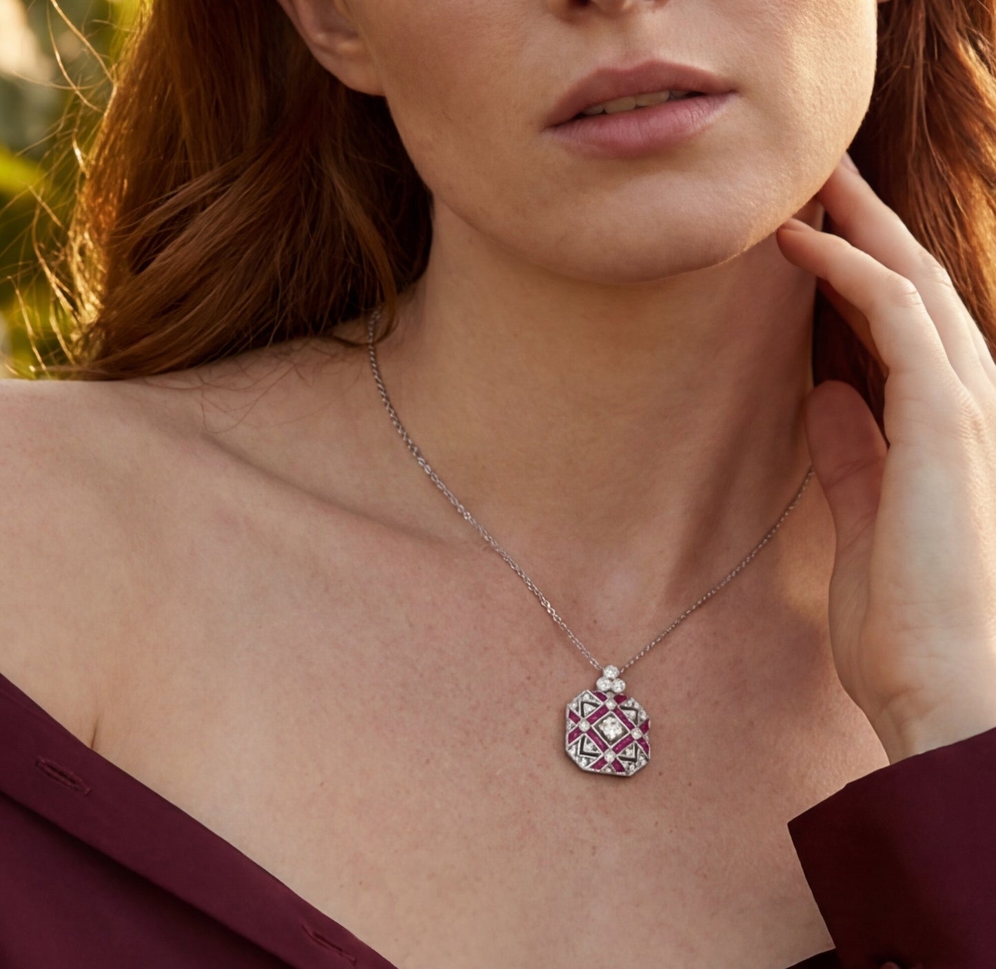 18ct White Gold Ruby & Diamond Art Deco Style Octagonal Pendant - R:1.95ct / D:0.47ct