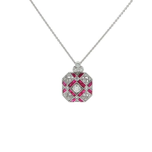 18ct White Gold Ruby & Diamond Art Deco Style Octagonal Pendant - R:1.95ct / D:0.47ct