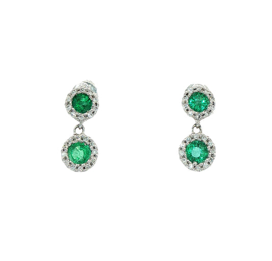 9ct white gold diamond & emerald round double halo drop earrings.