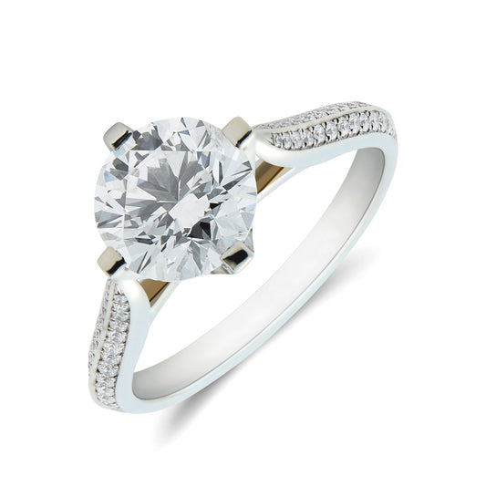 Platinum & round brilliant cut diamond solitaire ring with diamond set shank. - 2.12ct.