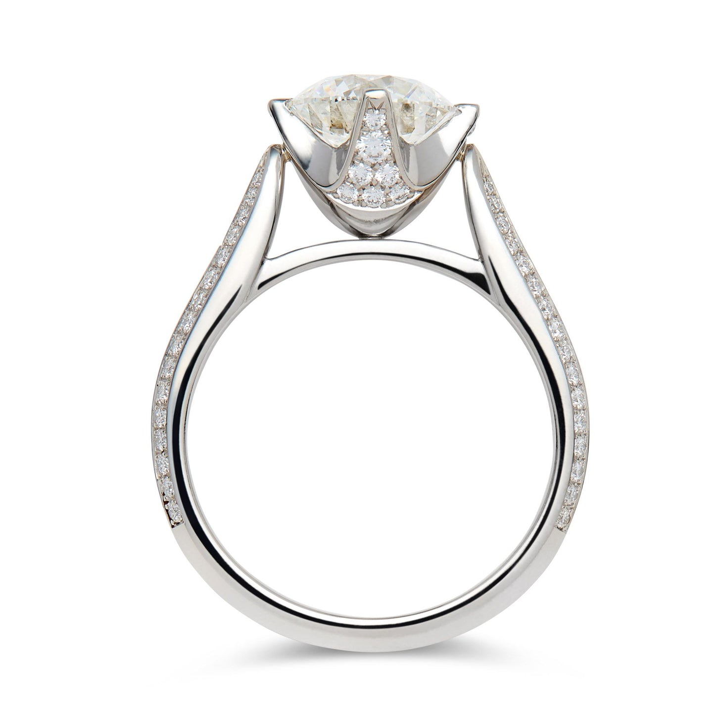 Platinum & round brilliant cut diamond solitaire ring with diamond set shank. - 2.12ct.