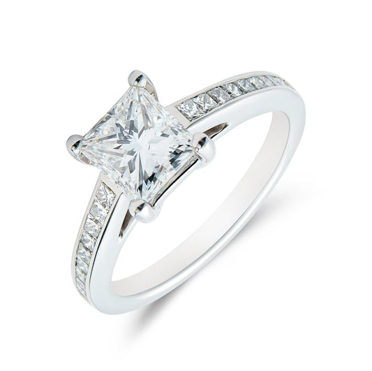 Platinum & princess cut diamond solitaire ring with channel diamond shoulders - 1.96ct