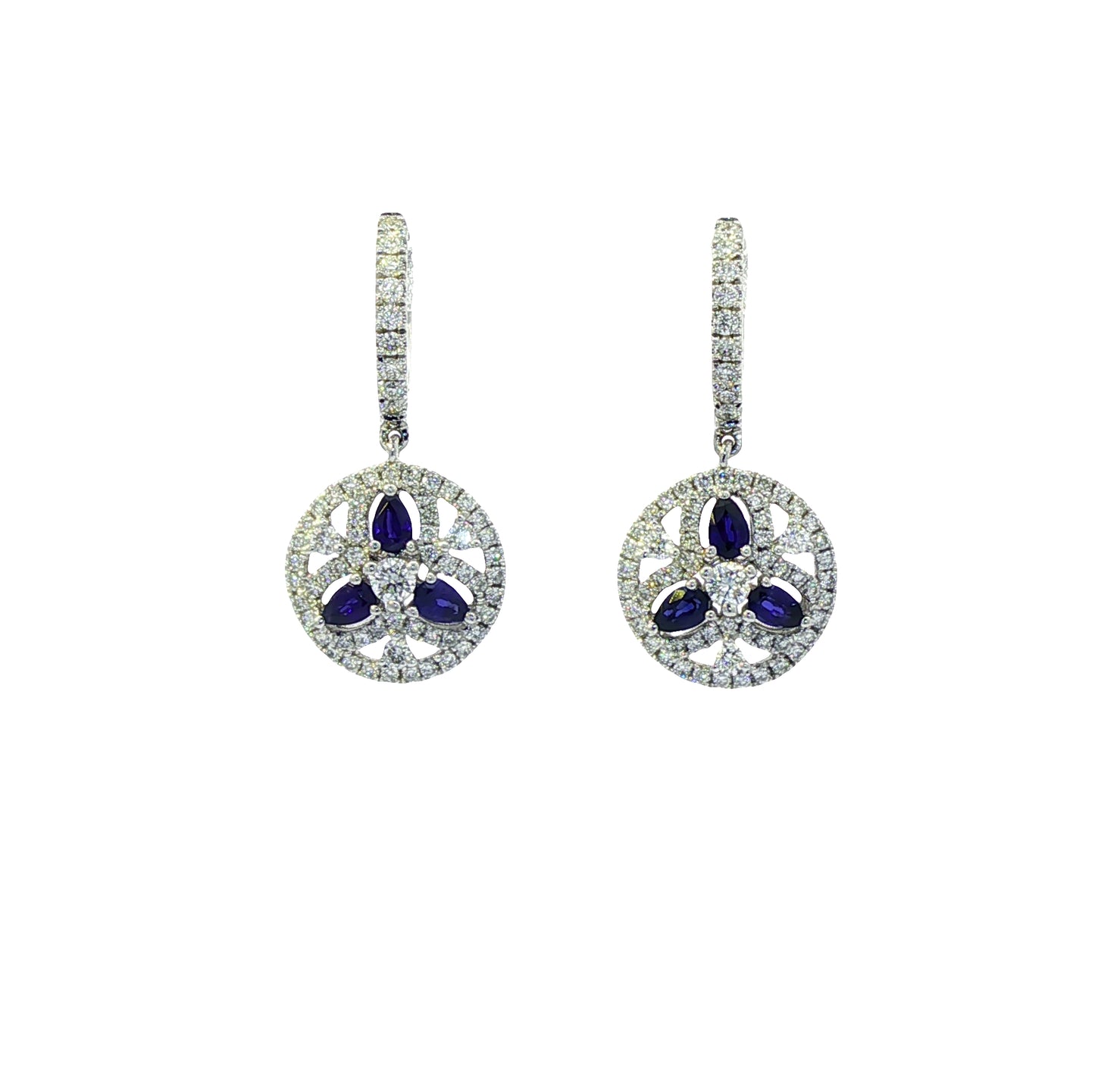 18ct white gold sapphire and diamond drop earrings.