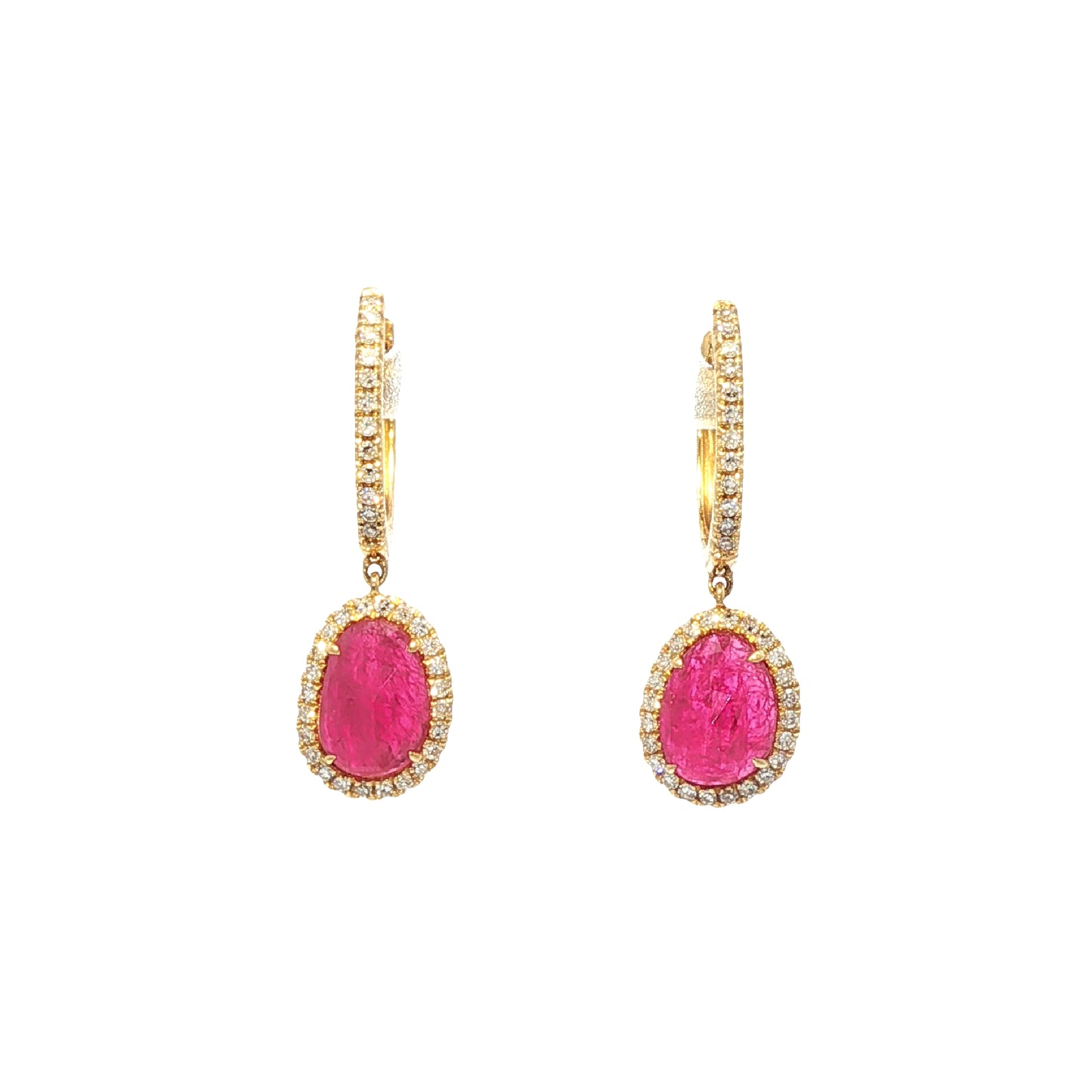 18ct yellow gold rose cut ruby earrings with diamond halo.