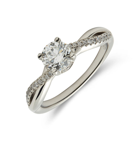 Platinum round brilliant cut diamond solitaire ring with fine claw set twist shoulders - 0.81ct