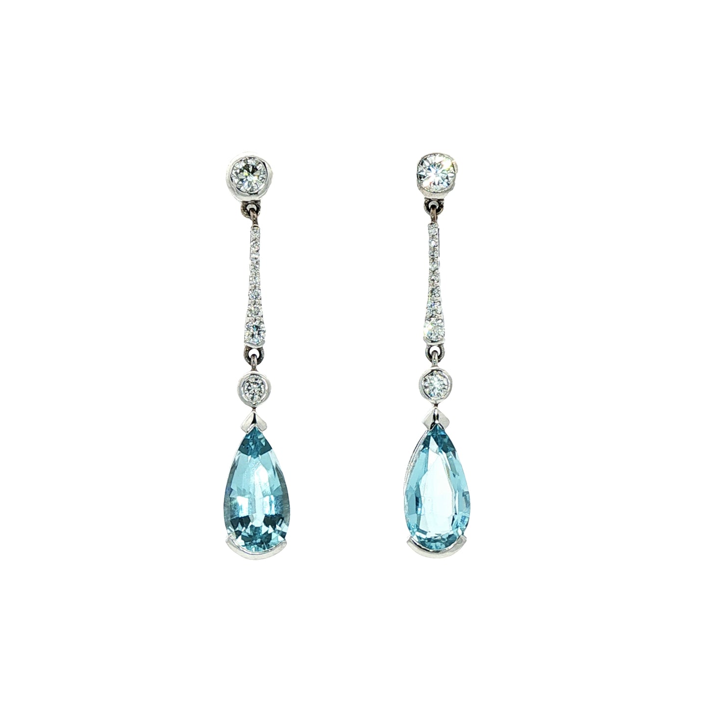 18ct white gold brilliant cut diamond and faceted pear cut aquamarine drop earrings.