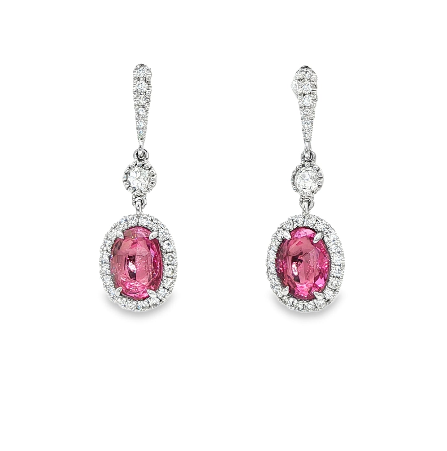 18ct white gold rose cut pink sapphire and brilliant cut diamond drop earrings.